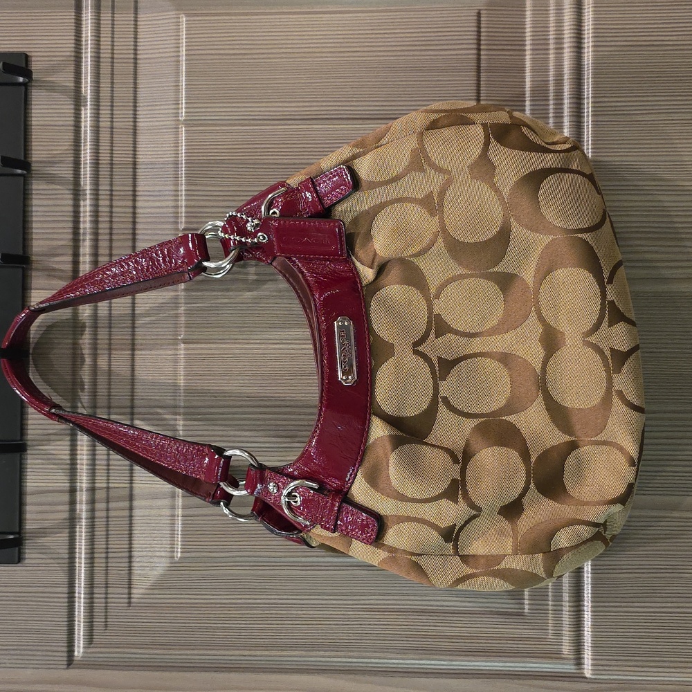 Coach Tan and Burgundy Signature Shoulder Bag